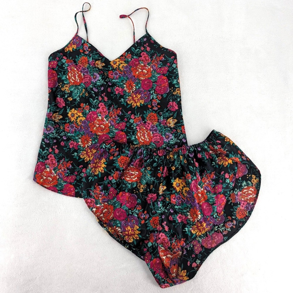 Vintage Intimate Apparel Floral Satin Pajama Set Cami Tap Shorts Small
